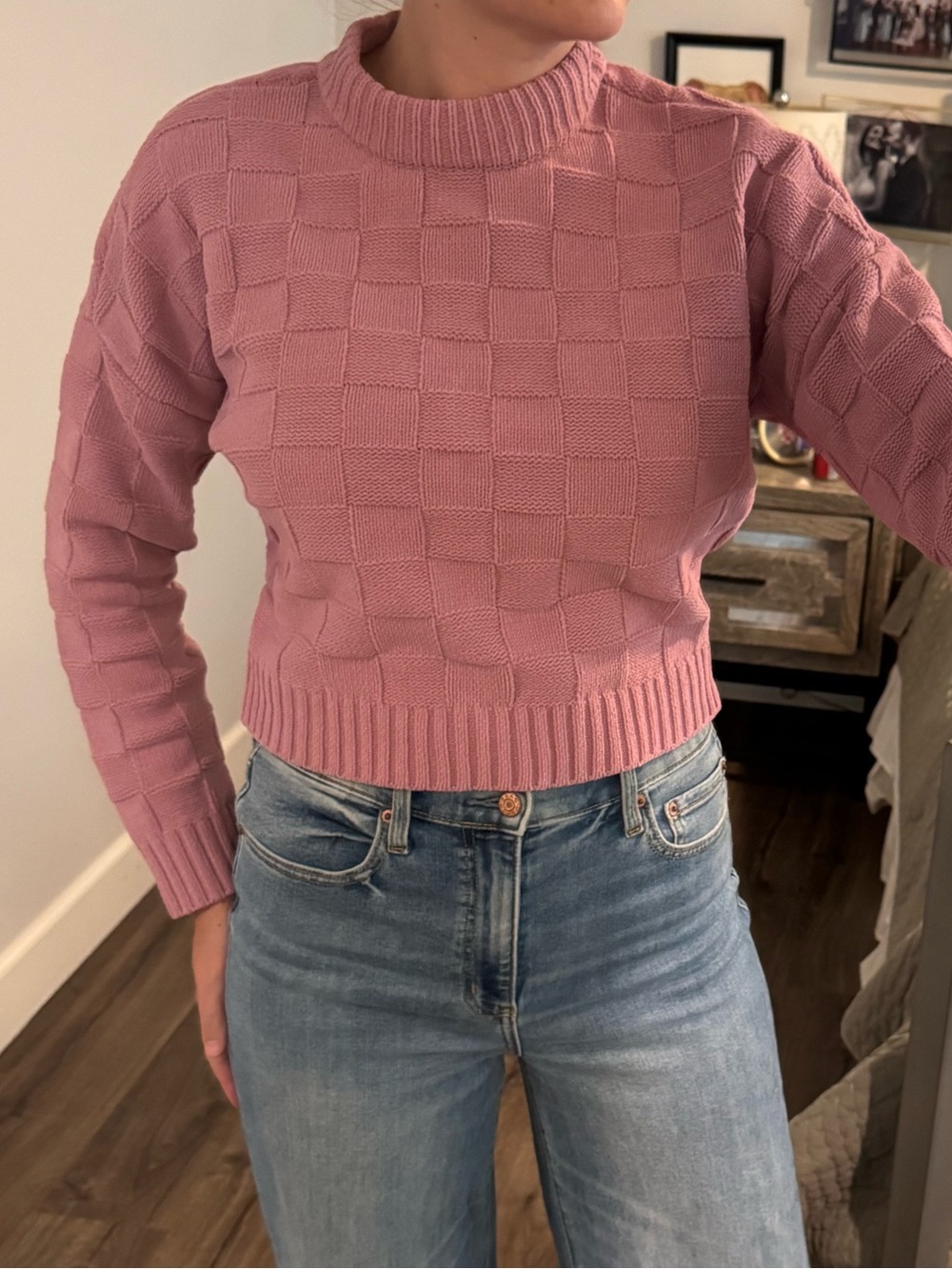 Abercrombie Women's Pink Textured Checker Knit Sweater XXS fits XS to S
